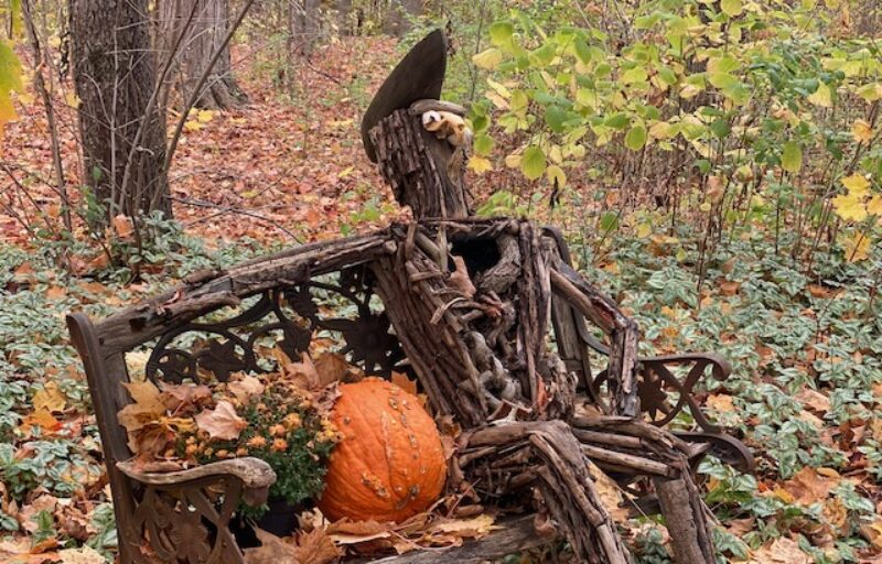An autumn-themed outdoor sculpture at the Hub